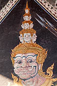 Bangkok Grand Palace, murals of the gallery of the Wat Phra Kaew, Thao Sahatsadecha one of the main demons characters in the Ramakien, depicted with multiple arms and wearing a crown with multiple faces. 